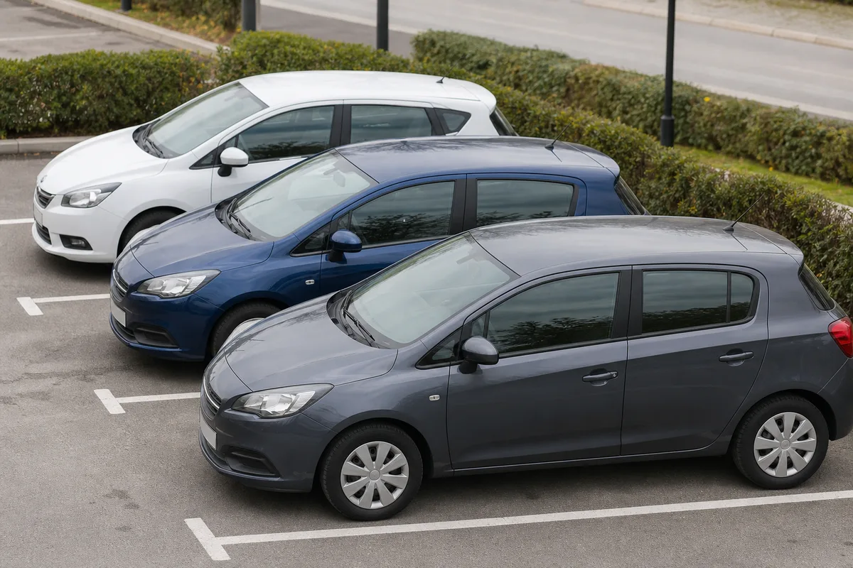 Trois voitures compactes alignées sur un parking, vues en plongée depuis le côté