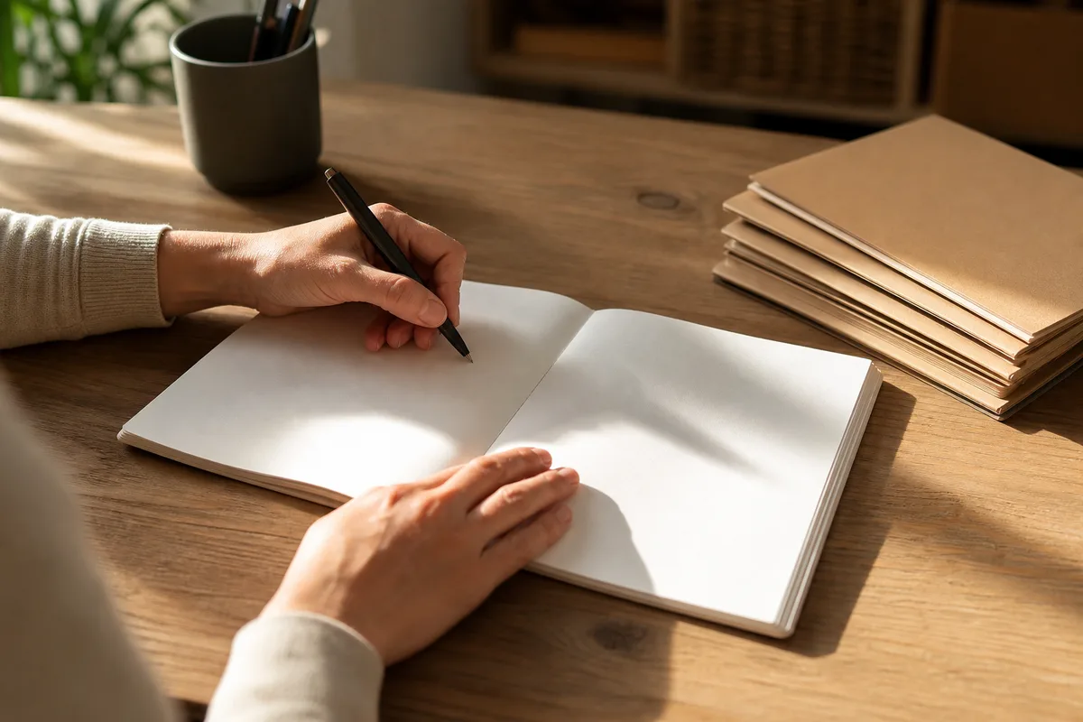 Bureau à domicile avec dossier de documents fermé, stylo posé dessus et tasse de café