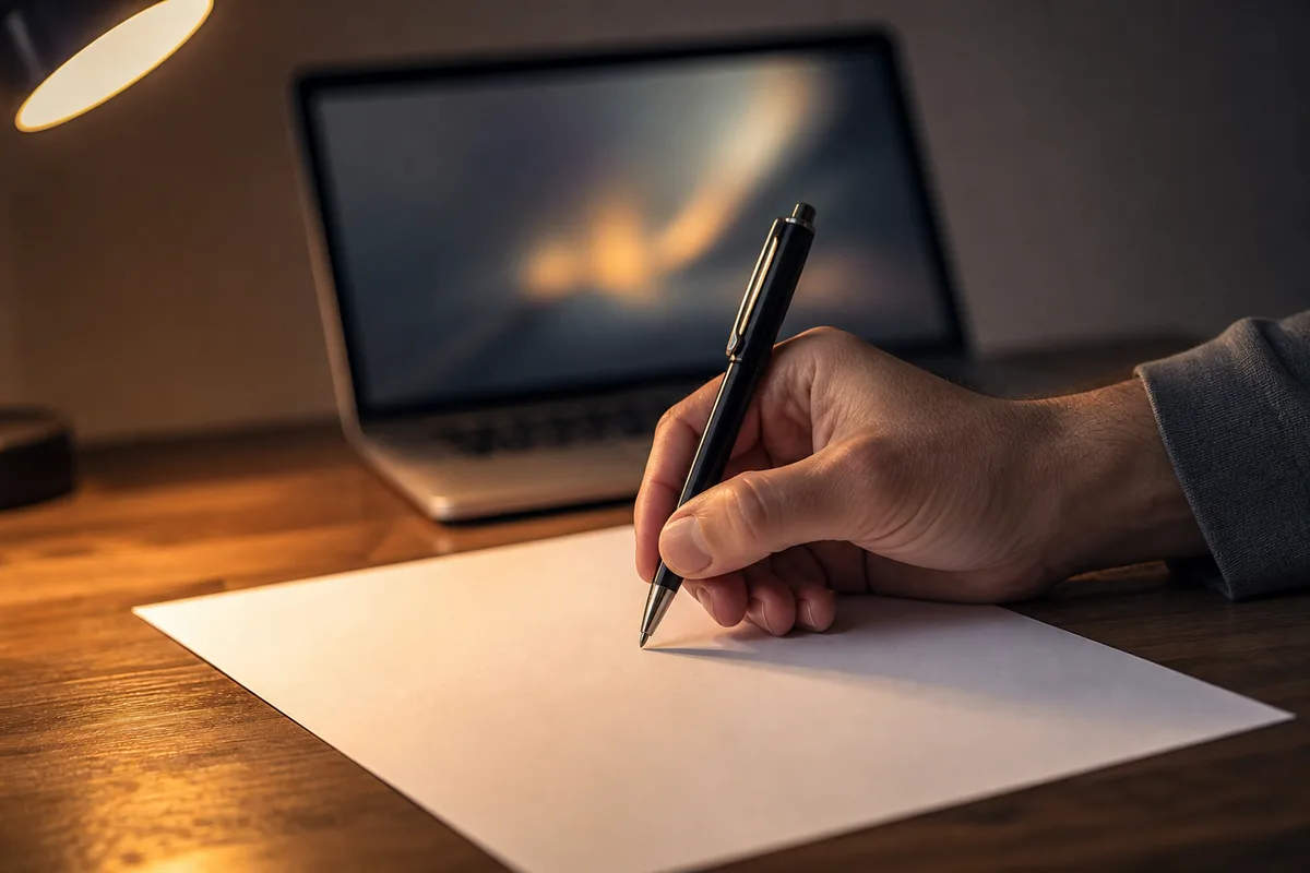 Main signant un document papier vierge sur un bureau en bois, ordinateur portable flouté en arrière-plan