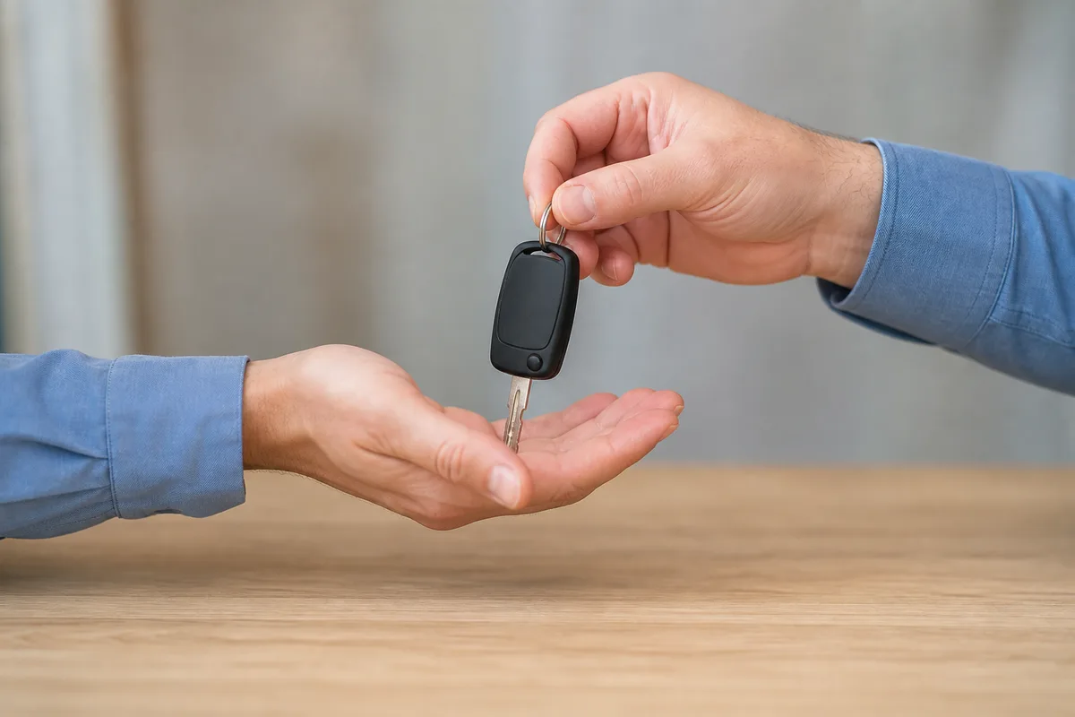 Mains d’un adulte remettant une clé de voiture au-dessus d’un comptoir d’atelier, cadrage serré