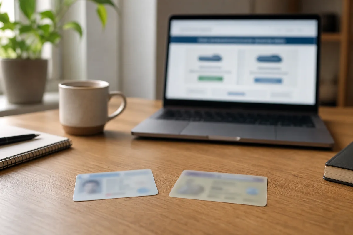 Documents administratifs et ordinateur portable ouvert sur un comparateur d’assurance, cadrage large sans visage