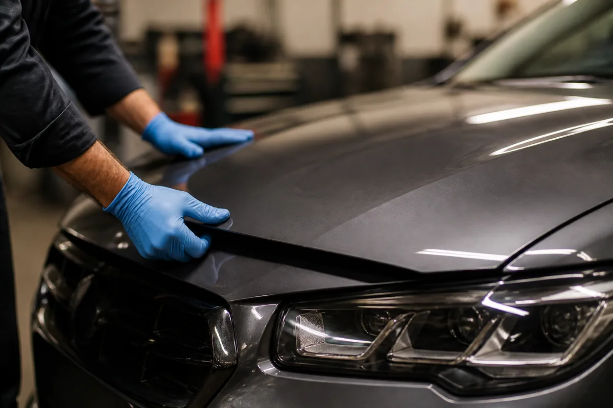 Mains d&rsquo;un technicien refermant le capot d&rsquo;une voiture neuve dans un atelier