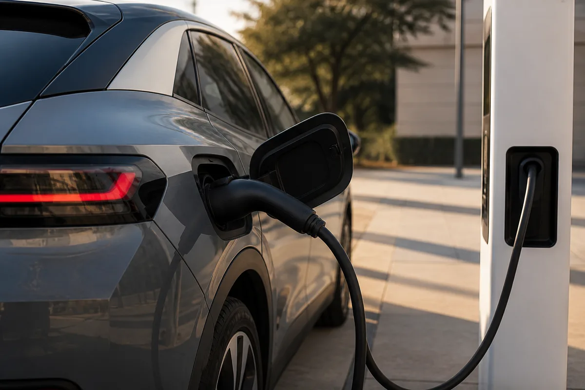 Câble de recharge branché sur une voiture électrique garée devant une borne