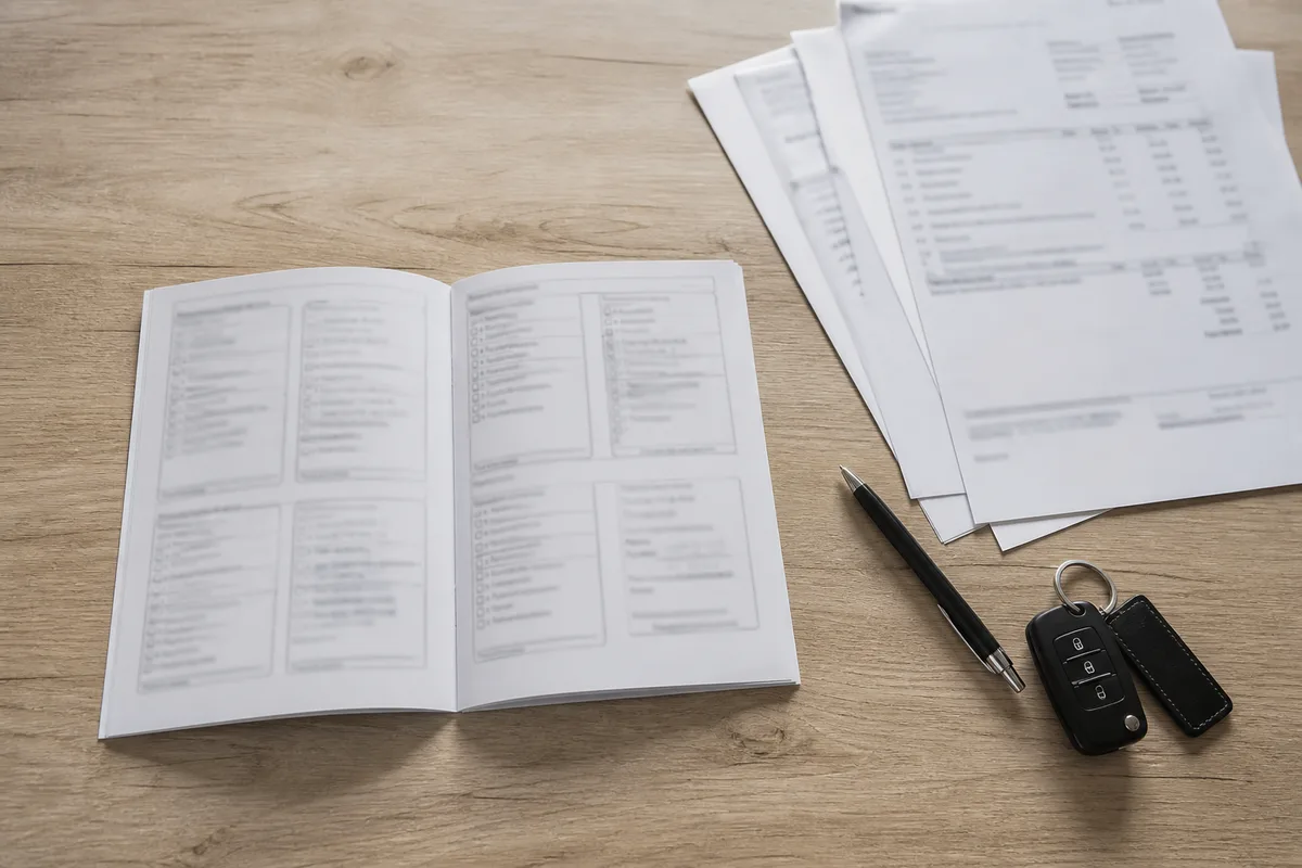 Carnet d&rsquo;entretien automobile ouvert sur un plan de travail avec des factures de garage