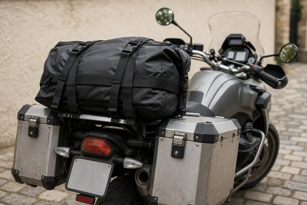 Sacoches latérales et bagagerie chargées sur une moto trail avant un départ en voyage