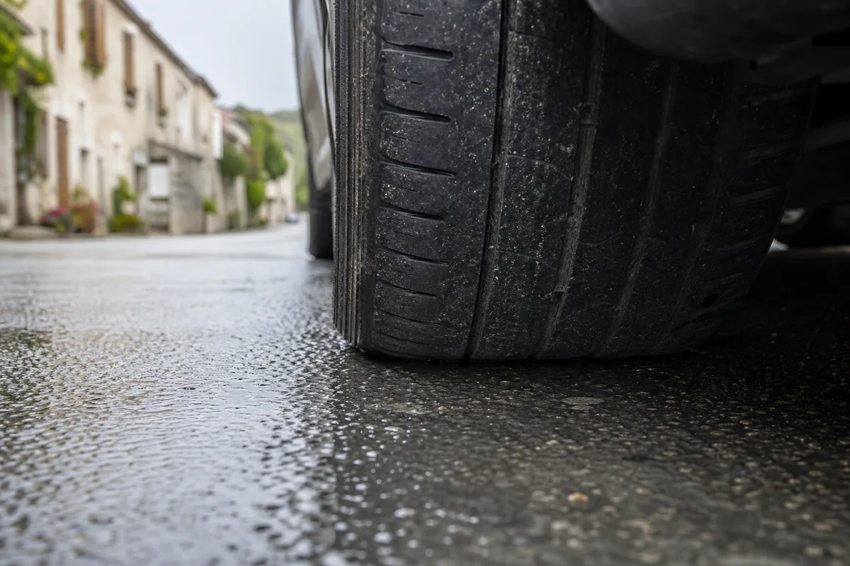 Gros plan sur la bande de roulement d’un pneu de voiture usé sur une allée mouillée