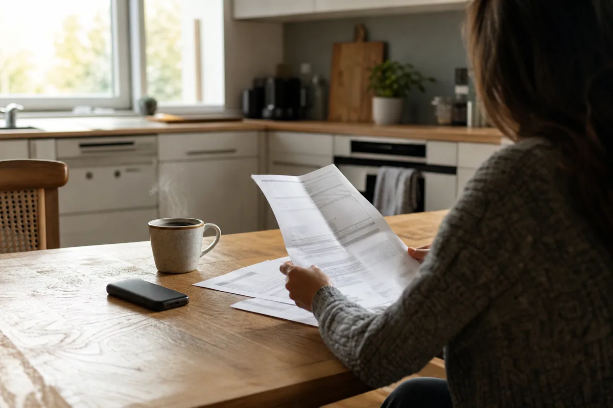 Automobiliste consultant ses documents d’assurance auto sur une table de cuisine, tasse de café à côté