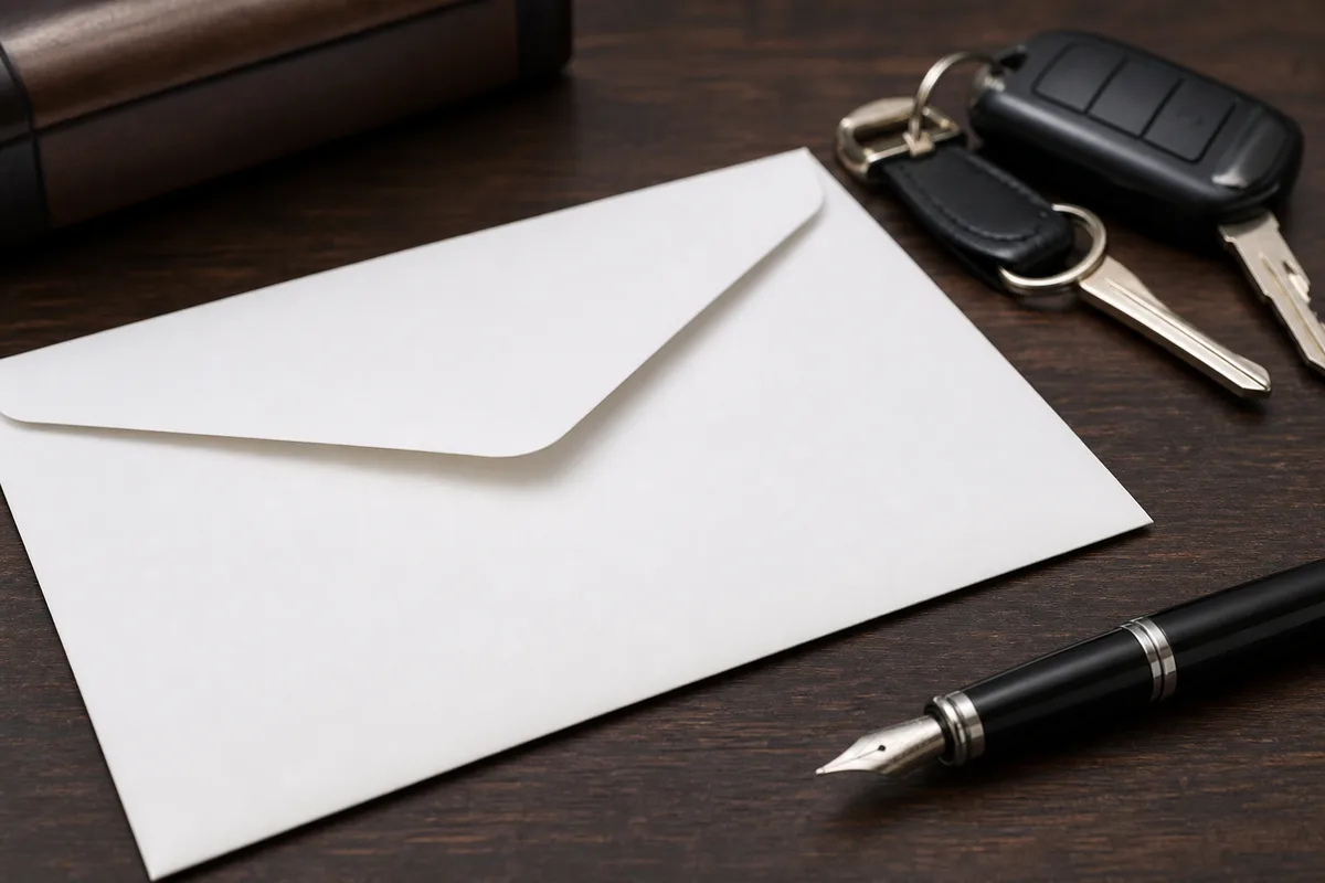 Enveloppe de lettre recommandée avec accusé de réception posée sur un bureau, stylo à proximité