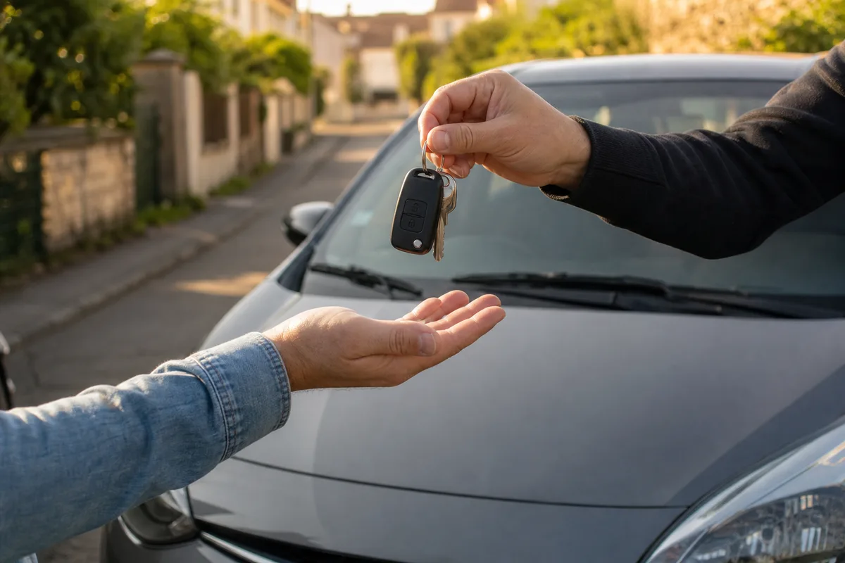 Personne remettant les clés de sa voiture lors d’une vente entre particuliers devant un véhicule