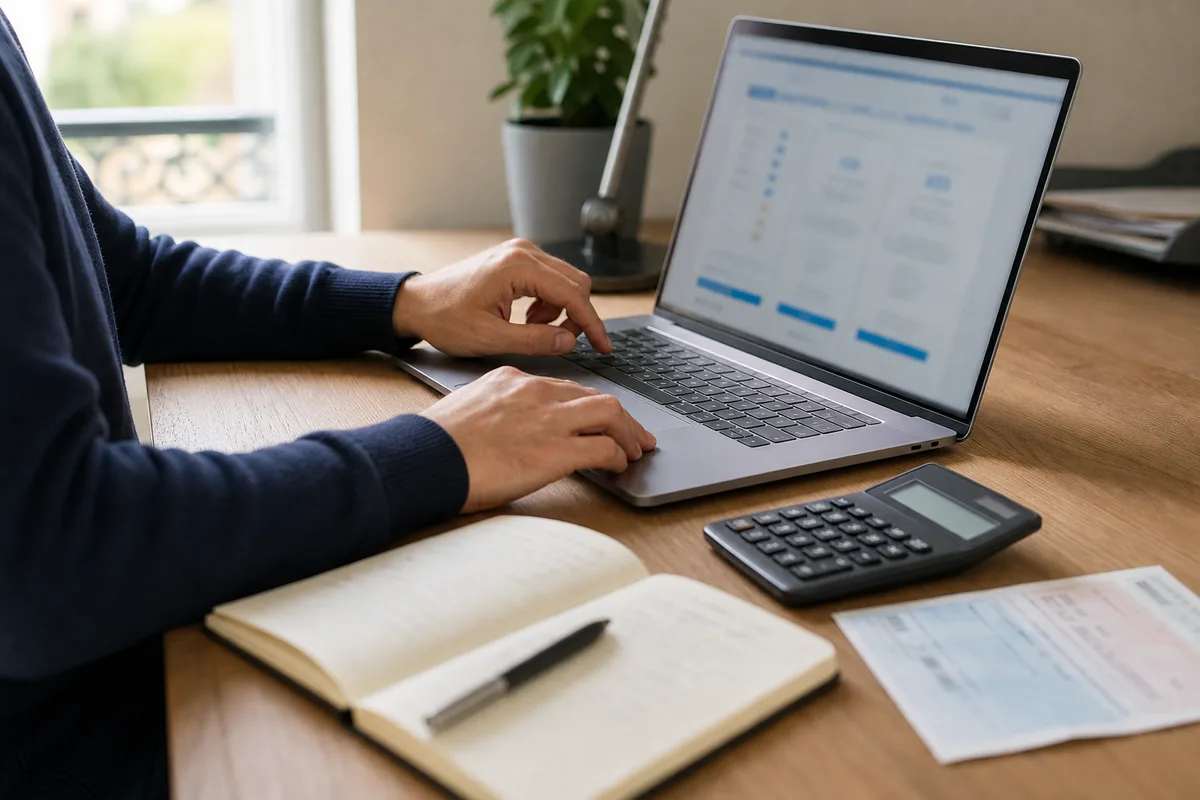 Automobiliste comparant plusieurs devis d’assurance auto sur un ordinateur portable, calculatrice sur le bureau