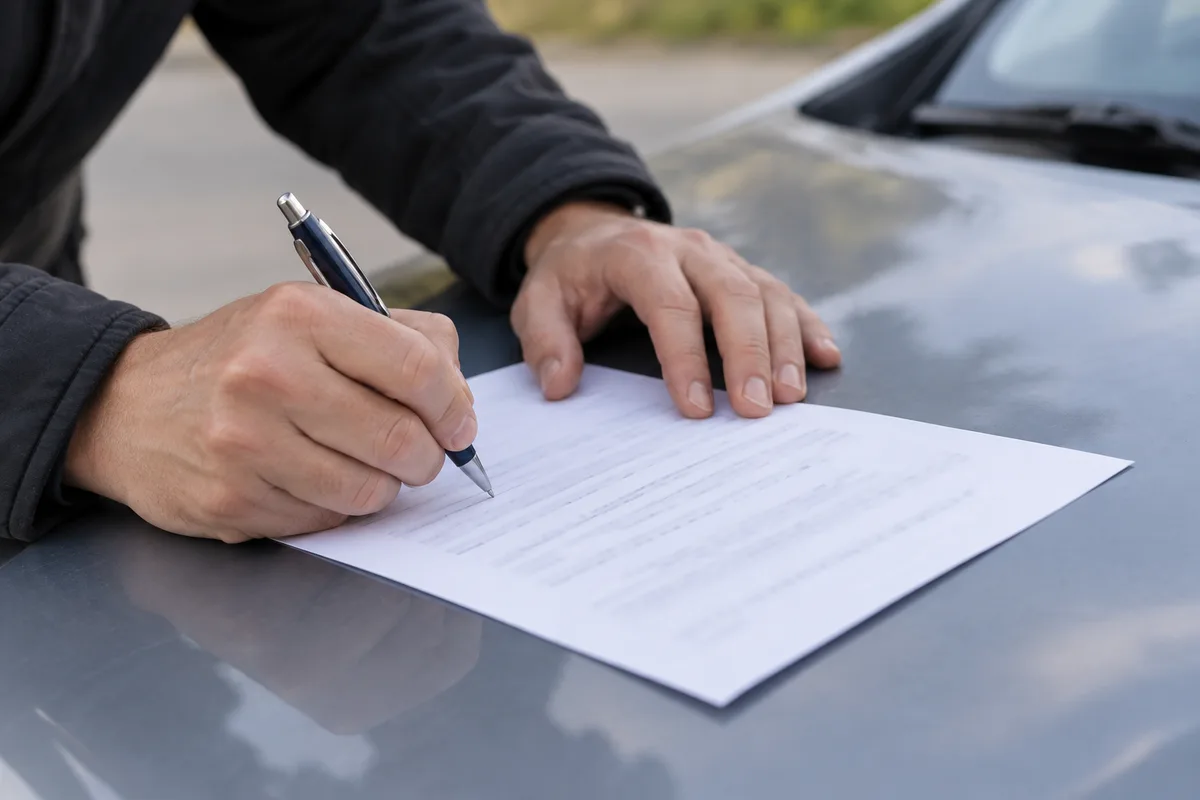 Vendeur remplissant un formulaire de cession sur le capot